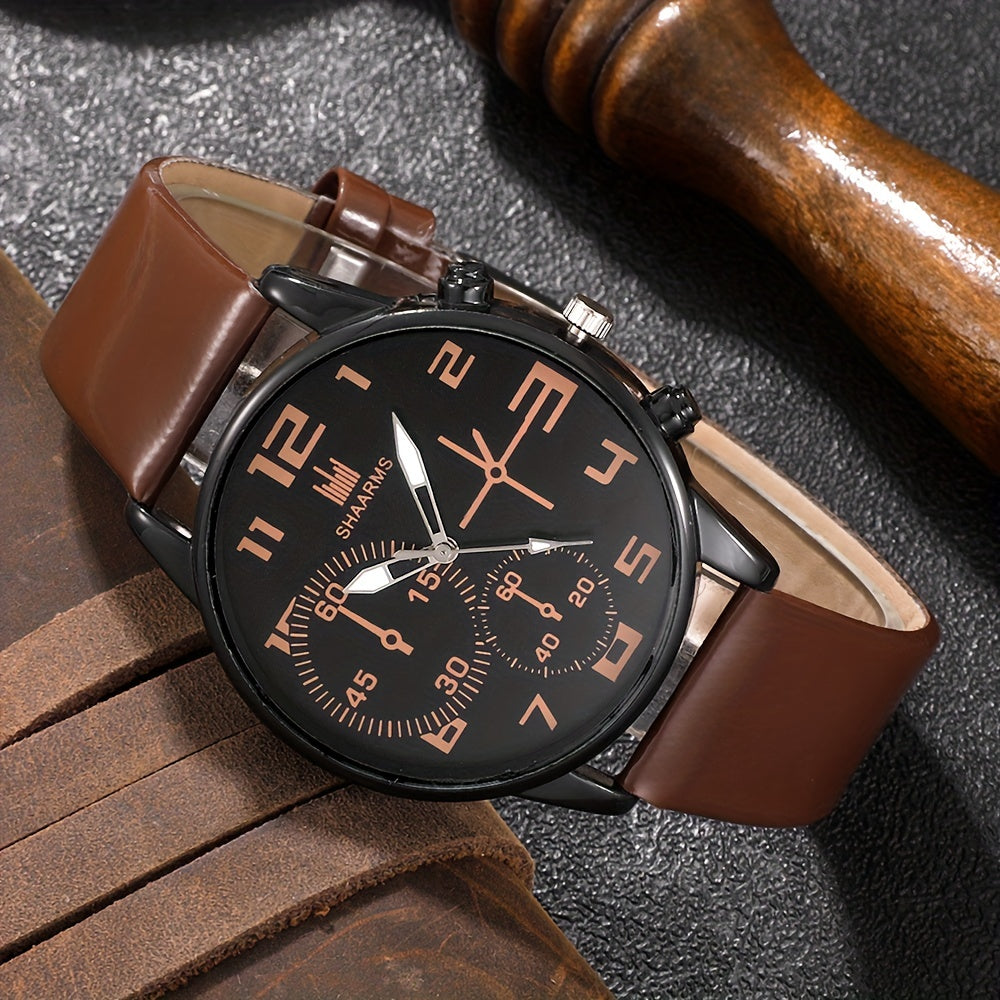 5pcs Men's Fashion Quartz Watch & Bracelet Set - Casual Style, Zinc Alloy Case, Faux Leather Strap