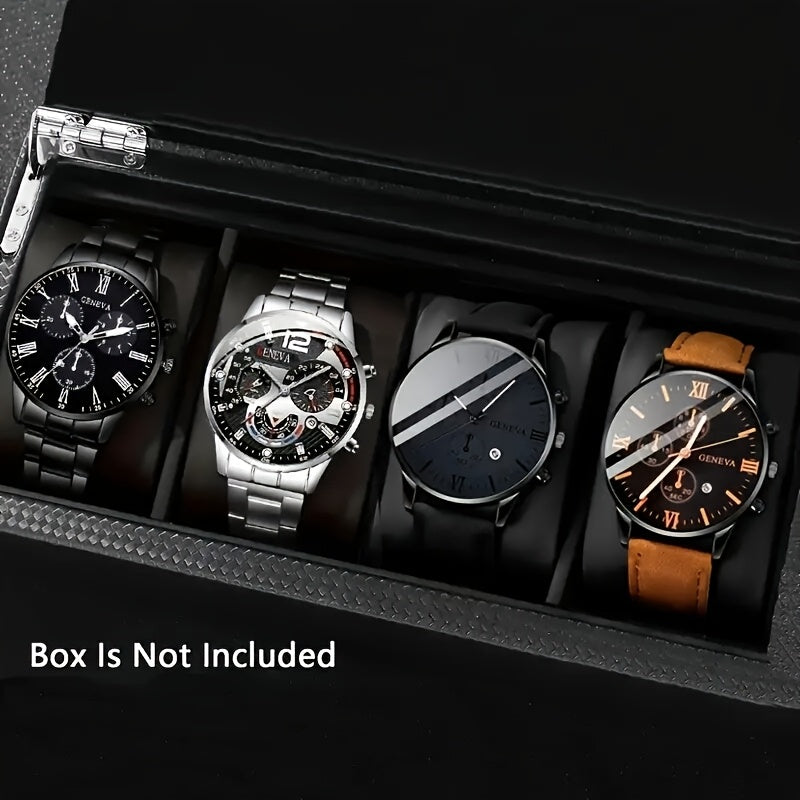 4pcs Men'S Fashionable Quartz Watch Set - Round Dial, Stainless Steel & Faux Leather Straps, Black & Brown Options, Ideal for Birthdays, Eid, Christmas, Valentine'S Day, and More, Gift for Friends & Family, Eid Gift|Stylish W