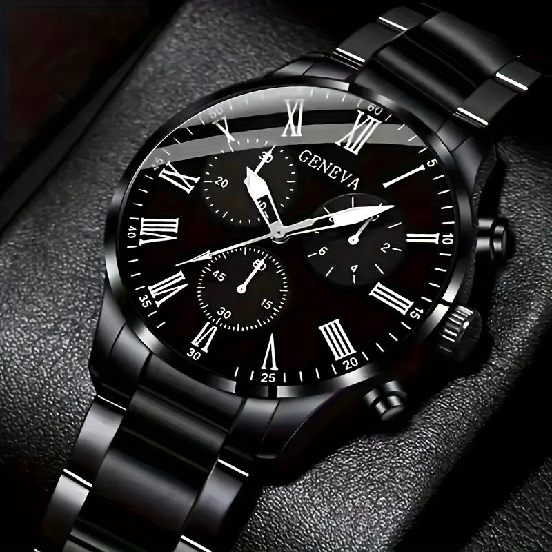 4pcs Men'S Fashionable Quartz Watch Set - Round Dial, Stainless Steel & Faux Leather Straps, Black & Brown Options, Ideal for Birthdays, Eid, Christmas, Valentine'S Day, and More, Gift for Friends & Family, Eid Gift|Stylish W