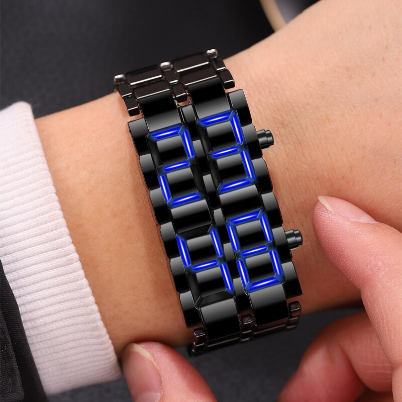 2pcs/ set, Men Watches Sets, Fashion Black Full Metal Digital Lava Wrist Watch Men Blue LED Display Mens Watches &1pc Silvery Bracelets