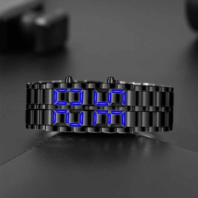 2pcs/ set, Men Watches Sets, Fashion Black Full Metal Digital Lava Wrist Watch Men Blue LED Display Mens Watches &1pc Silvery Bracelets
