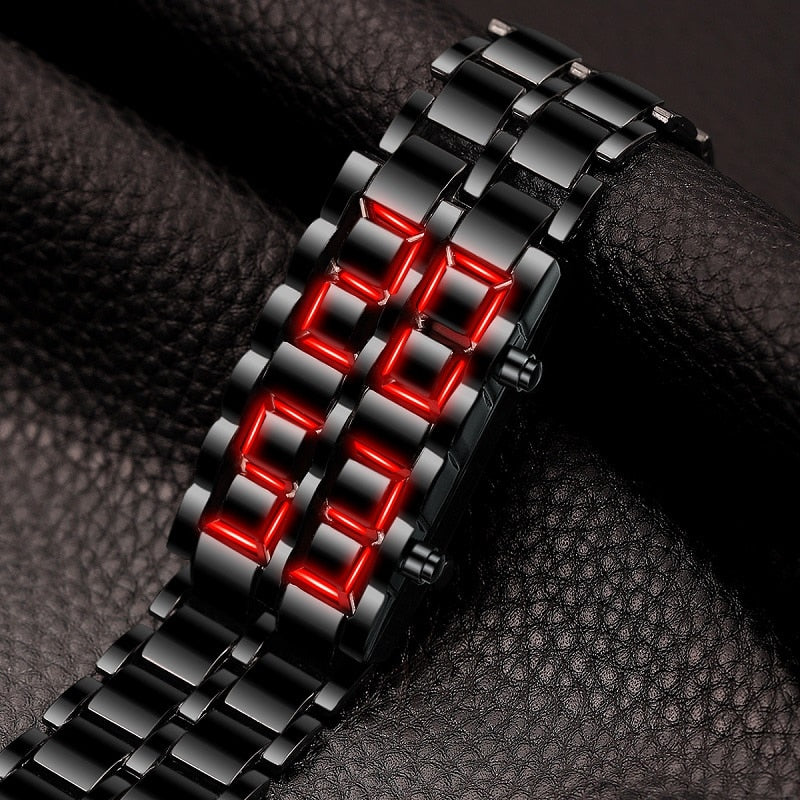 2pcs/ set, Men Watches Sets, Fashion Black Full Metal Digital Lava Wrist Watch Men Blue LED Display Mens Watches &1pc Silvery Bracelets