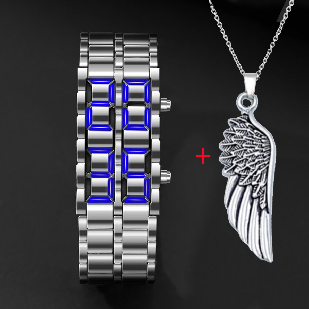 2pcs/ set, Men Watches Sets, Fashion Black Full Metal Digital Lava Wrist Watch Men Blue LED Display Mens Watches &1pc Silvery Bracelets