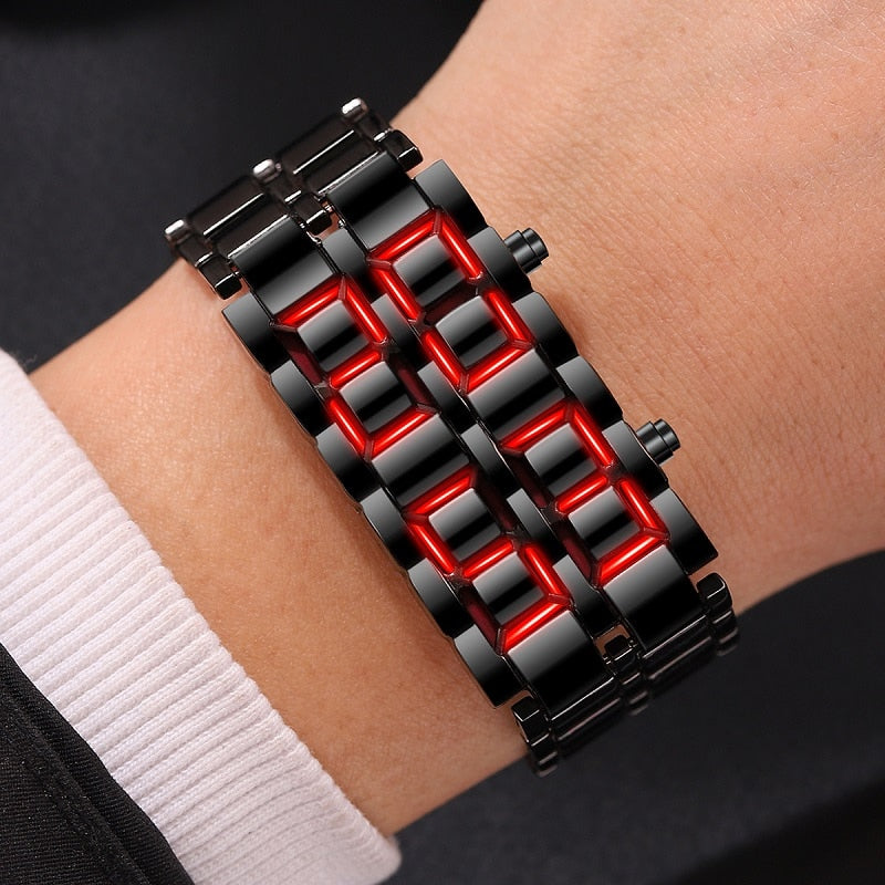 2pcs/ set, Men Watches Sets, Fashion Black Full Metal Digital Lava Wrist Watch Men Blue LED Display Mens Watches &1pc Silvery Bracelets