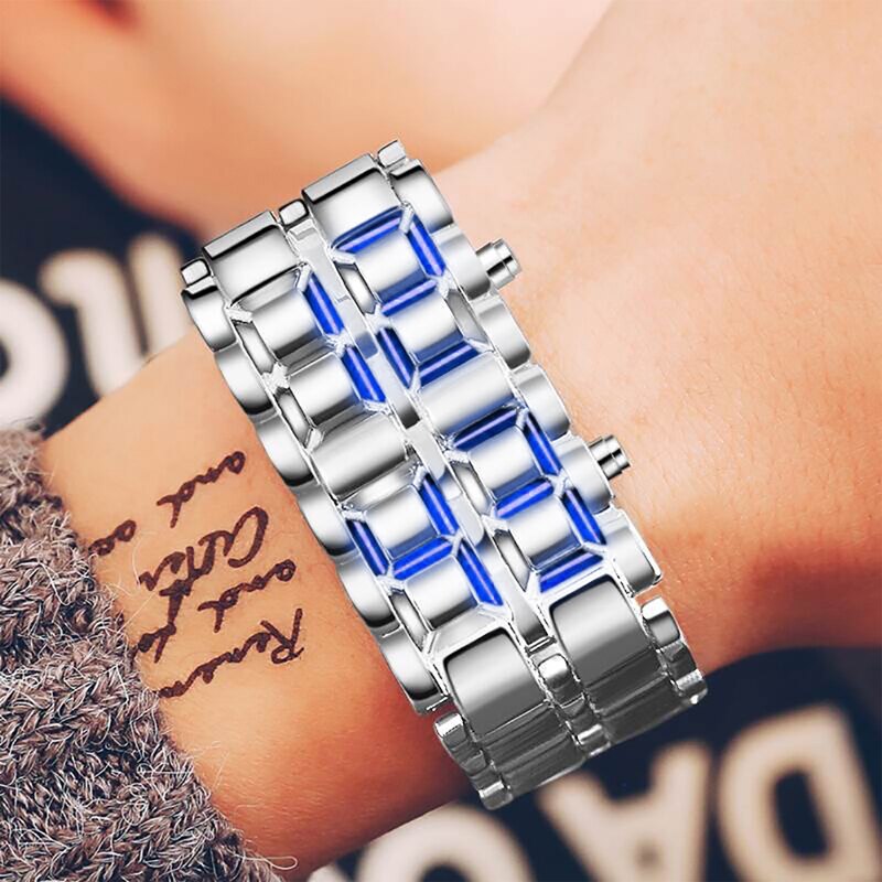 2pcs/ set, Men Watches Sets, Fashion Black Full Metal Digital Lava Wrist Watch Men Blue LED Display Mens Watches &1pc Silvery Bracelets