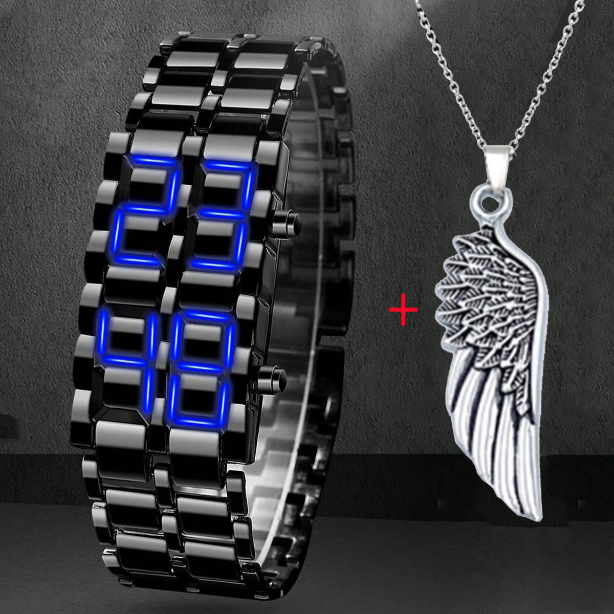 2pcs/ set, Men Watches Sets, Fashion Black Full Metal Digital Lava Wrist Watch Men Blue LED Display Mens Watches &1pc Silvery Bracelets