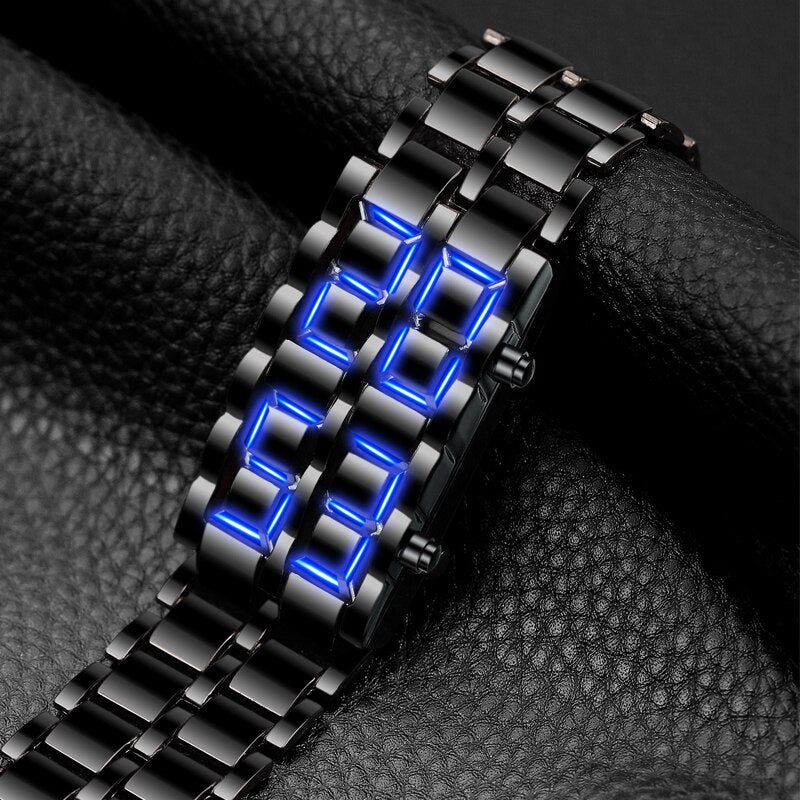 2pcs/ set, Men Watches Sets, Fashion Black Full Metal Digital Lava Wrist Watch Men Blue LED Display Mens Watches &1pc Silvery Bracelets