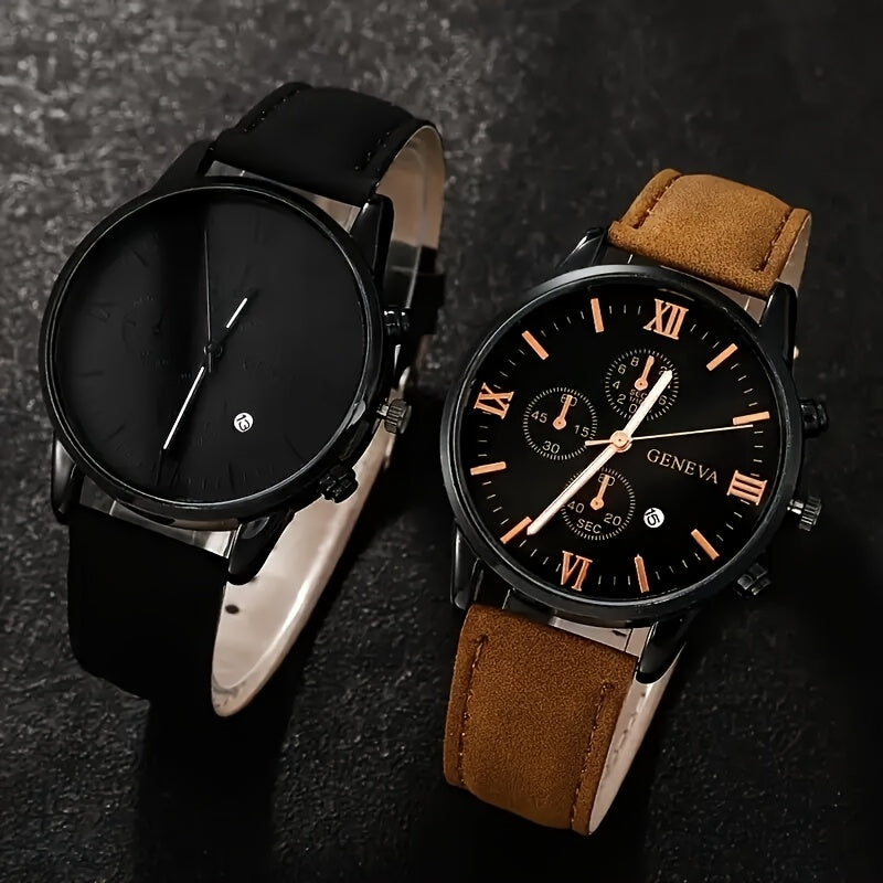 4pcs Men'S Fashionable Quartz Watch Set - Round Dial, Stainless Steel & Faux Leather Straps, Black & Brown Options, Ideal for Birthdays, Eid, Christmas, Valentine'S Day, and More, Gift for Friends & Family, Eid Gift|Stylish W