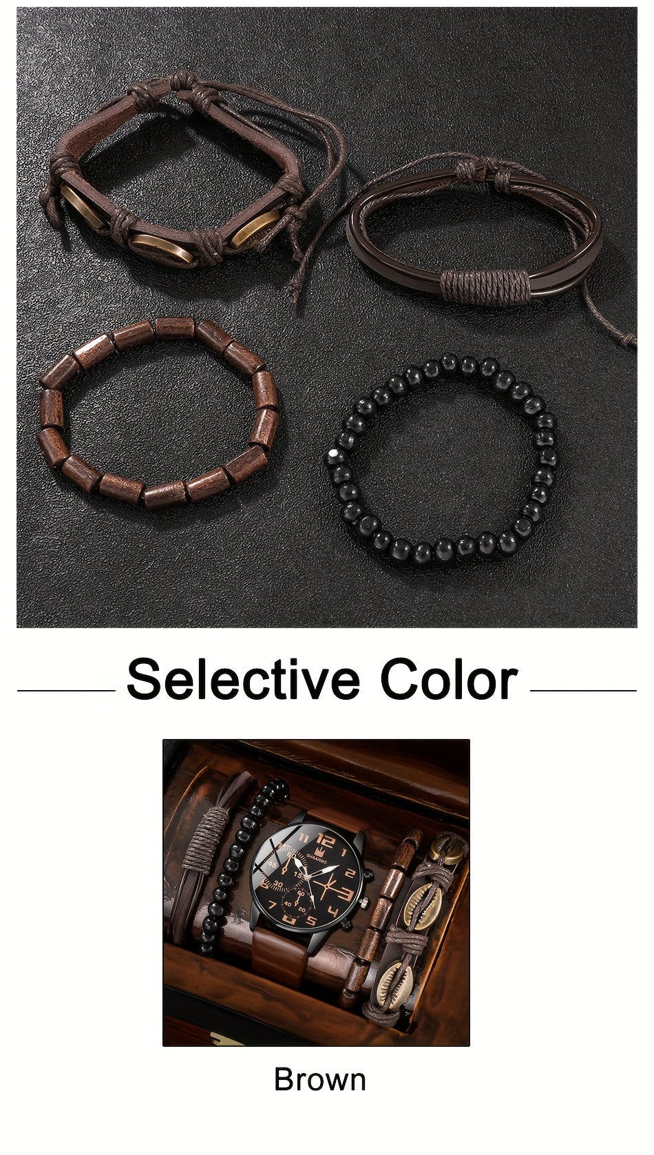5pcs Men's Fashion Quartz Watch & Bracelet Set - Casual Style, Zinc Alloy Case, Faux Leather Strap