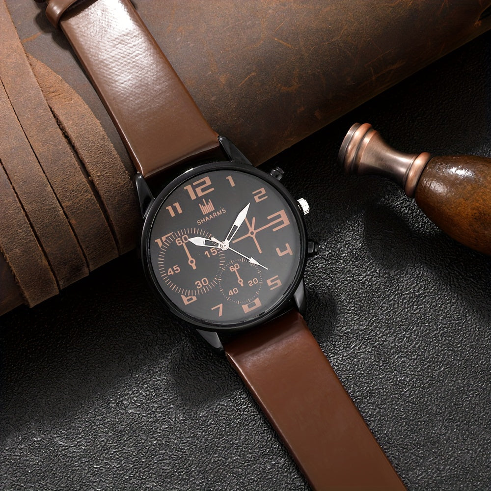 5pcs Men's Fashion Quartz Watch & Bracelet Set - Casual Style, Zinc Alloy Case, Faux Leather Strap