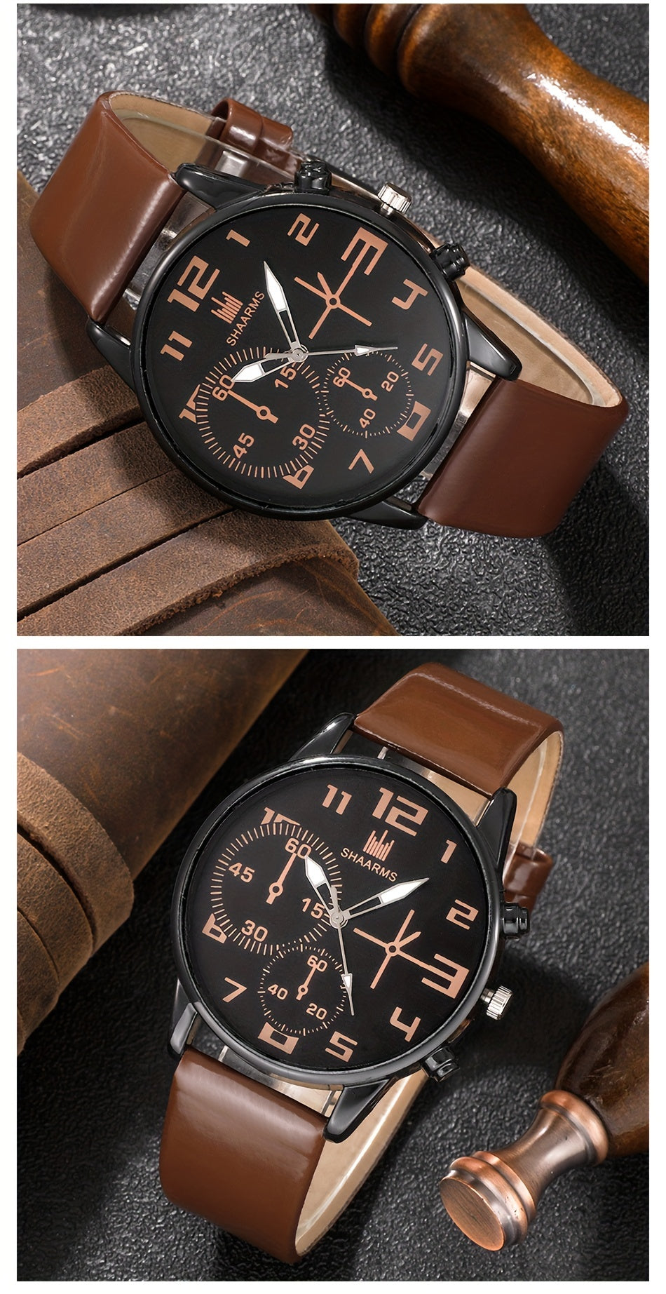 5pcs Men's Fashion Quartz Watch & Bracelet Set - Casual Style, Zinc Alloy Case, Faux Leather Strap