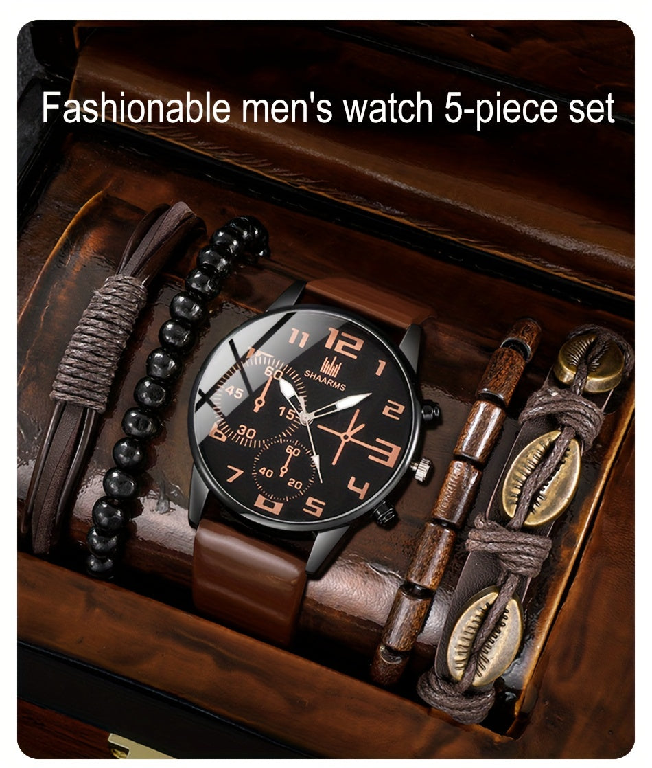 5pcs Men's Fashion Quartz Watch & Bracelet Set - Casual Style, Zinc Alloy Case, Faux Leather Strap