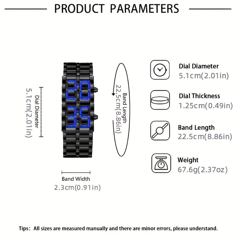 2pcs/ set, Men Watches Sets, Fashion Black Full Metal Digital Lava Wrist Watch Men Blue LED Display Mens Watches &1pc Silvery Bracelets