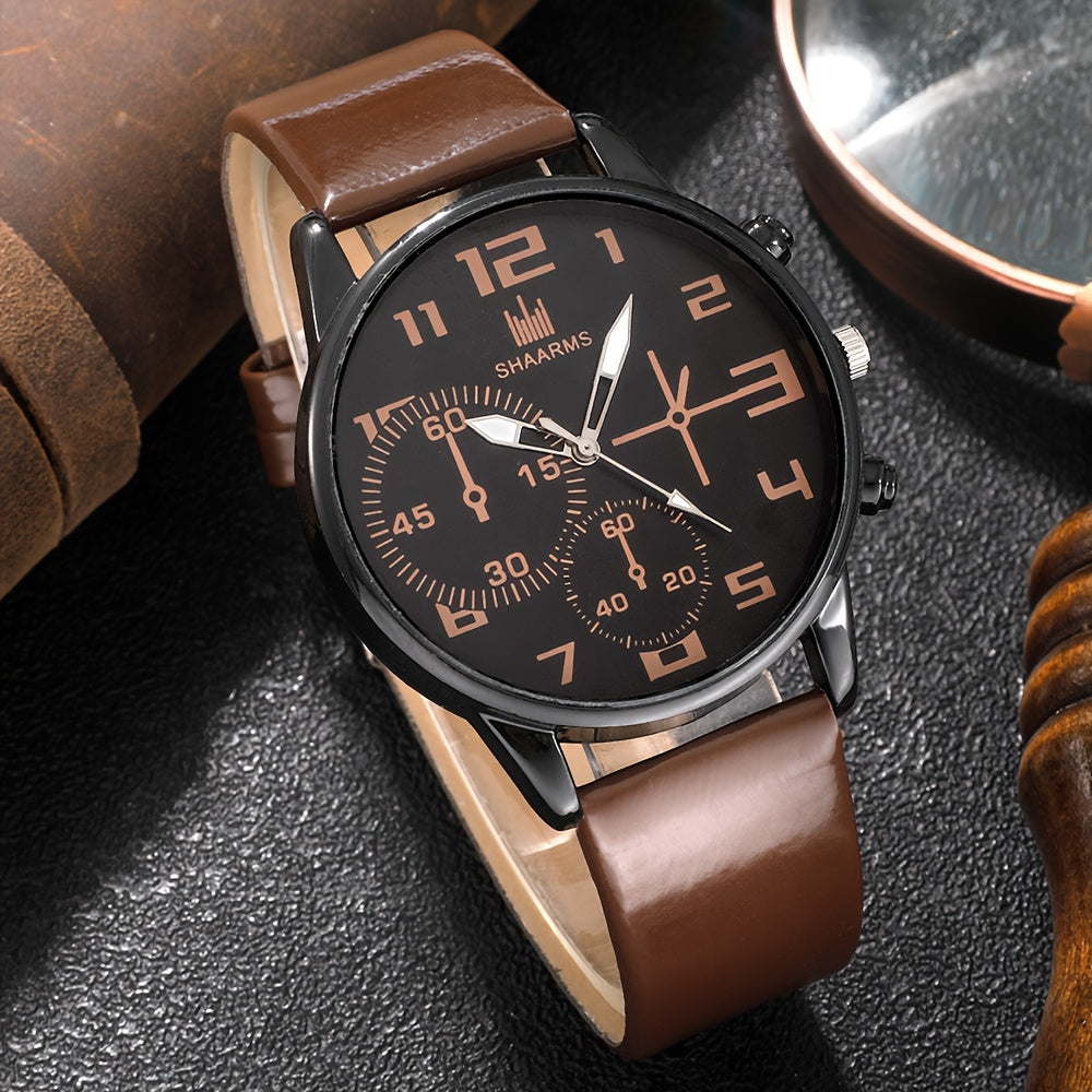 5pcs Men's Fashion Quartz Watch & Bracelet Set - Casual Style, Zinc Alloy Case, Faux Leather Strap