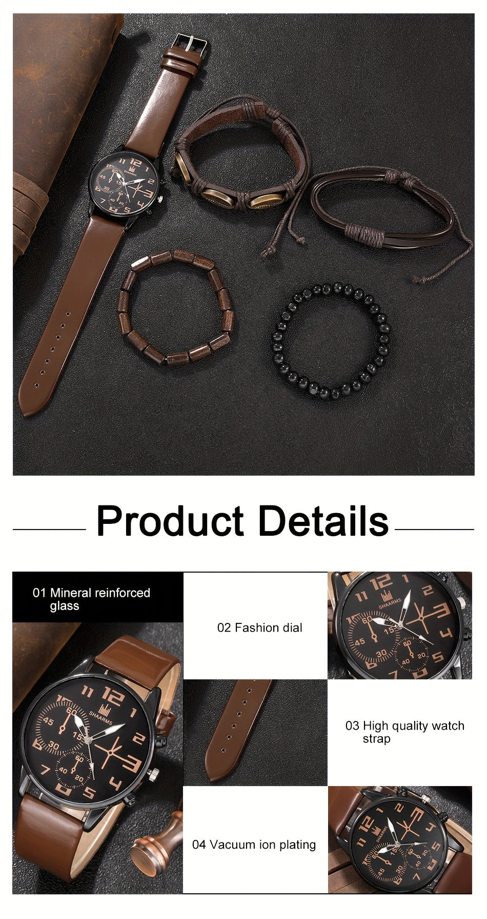 5pcs Men's Fashion Quartz Watch & Bracelet Set - Casual Style, Zinc Alloy Case, Faux Leather Strap