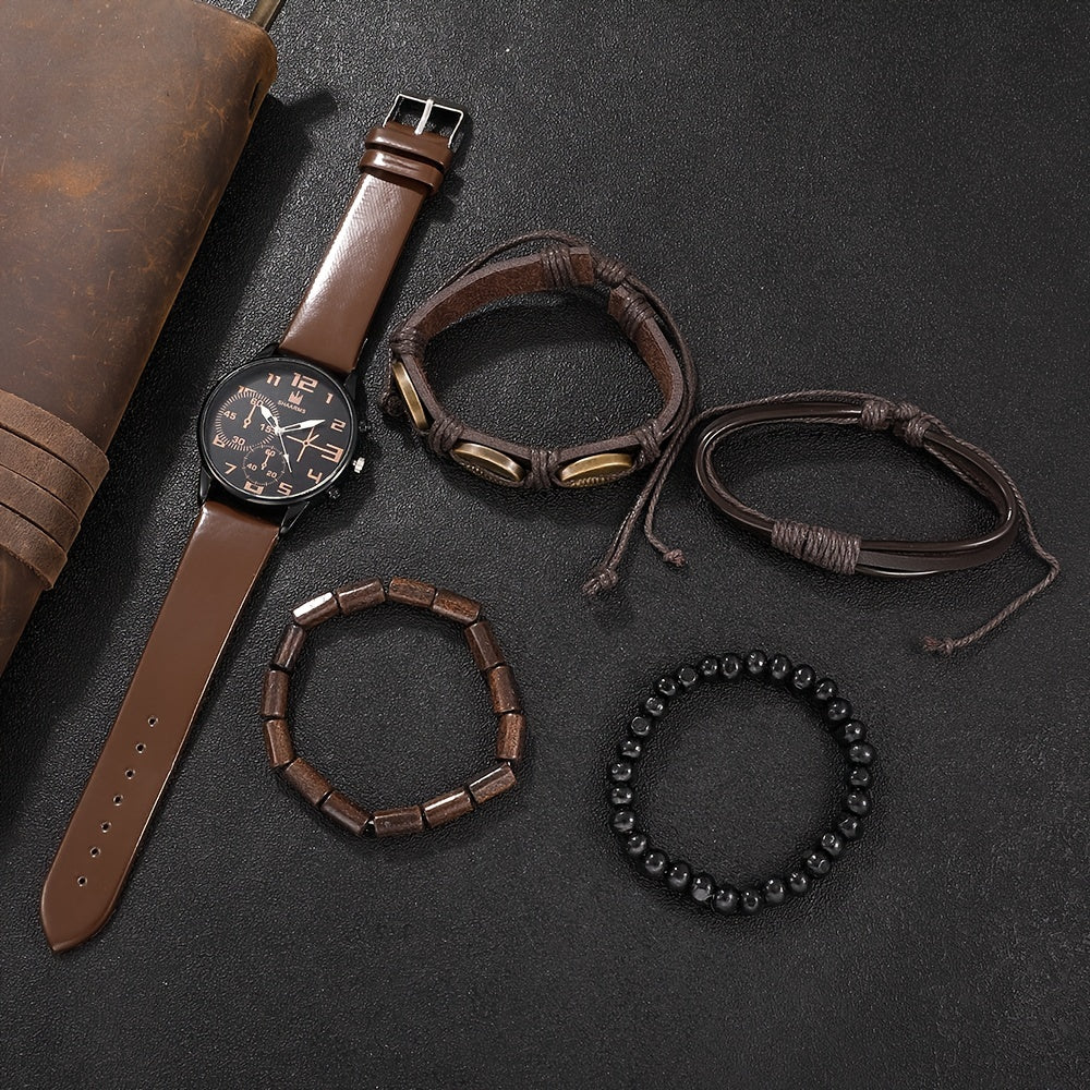 5pcs Men's Fashion Quartz Watch & Bracelet Set - Casual Style, Zinc Alloy Case, Faux Leather Strap