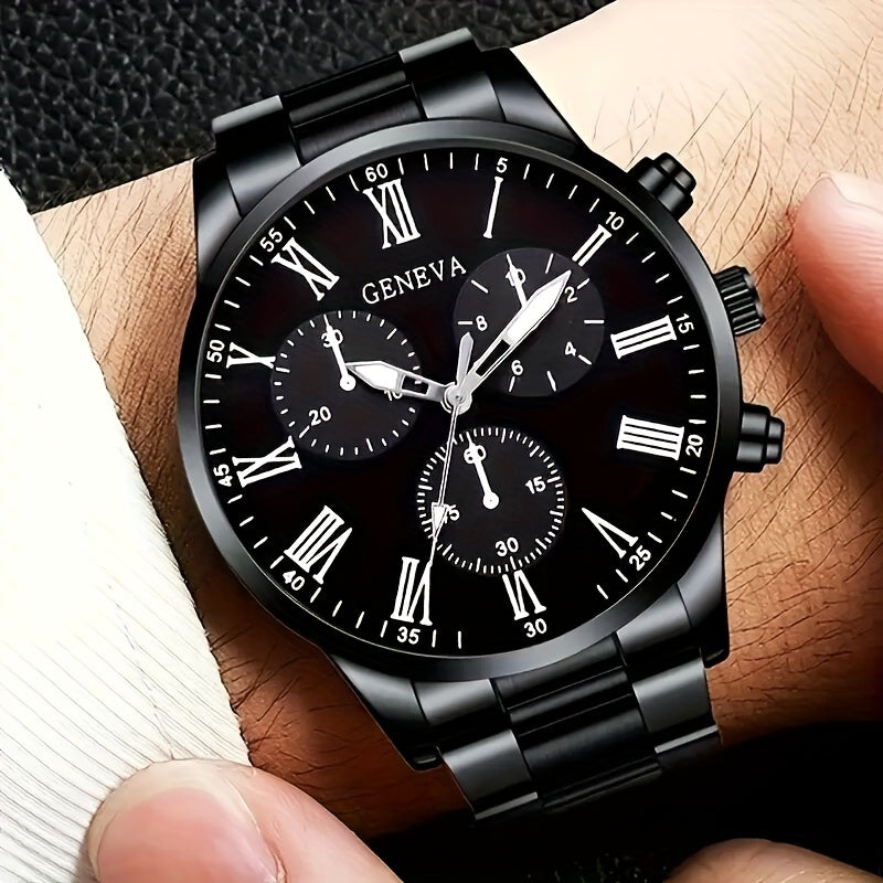 4pcs Men'S Fashionable Quartz Watch Set - Round Dial, Stainless Steel & Faux Leather Straps, Black & Brown Options, Ideal for Birthdays, Eid, Christmas, Valentine'S Day, and More, Gift for Friends & Family, Eid Gift|Stylish W