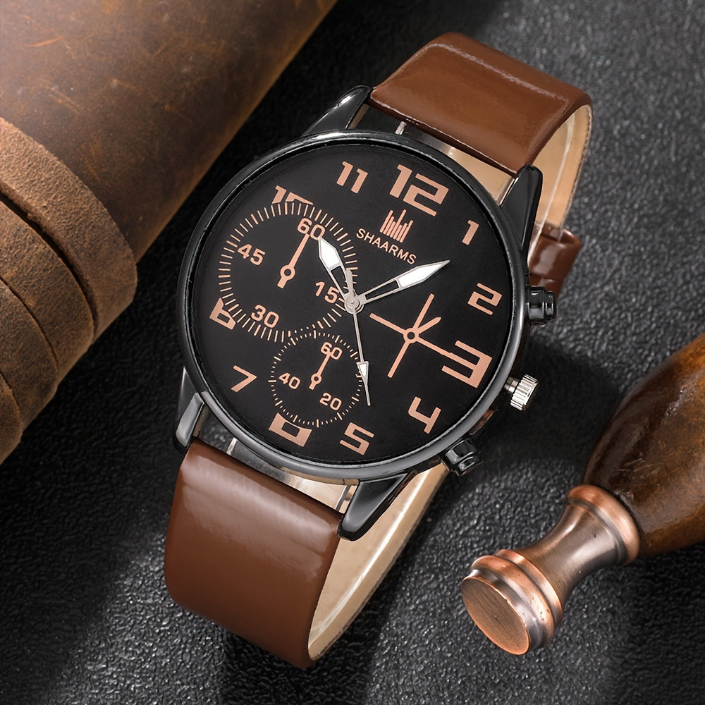 5pcs Men's Fashion Quartz Watch & Bracelet Set - Casual Style, Zinc Alloy Case, Faux Leather Strap