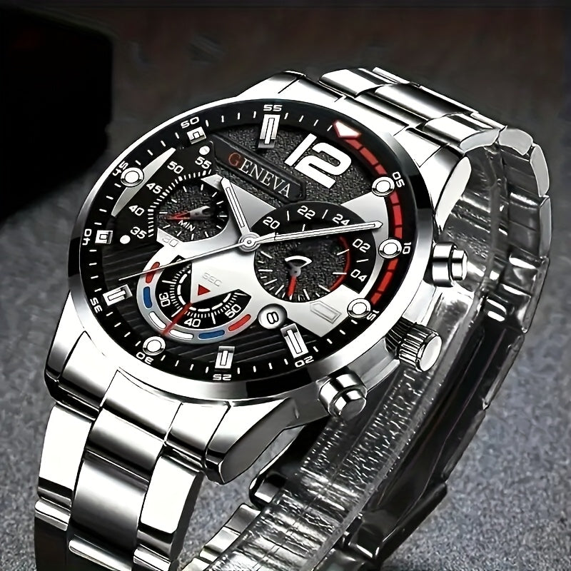4pcs Men'S Fashionable Quartz Watch Set - Round Dial, Stainless Steel & Faux Leather Straps, Black & Brown Options, Ideal for Birthdays, Eid, Christmas, Valentine'S Day, and More, Gift for Friends & Family, Eid Gift|Stylish W